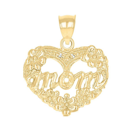 10K MOM HEART WITH FLOWERS PENDANT