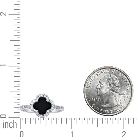 925 Silver Womens Black Enameled Clover Good Luck Ring