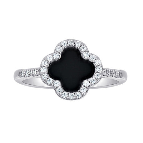 925 Silver Womens Black Enameled Clover Good Luck Ring