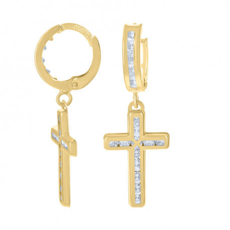 10K GOLD CROSS DANGLE HOOP EARRINGS